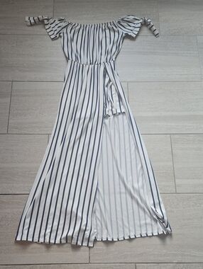 Vibe Sportswear Striped Off-Shoulder Maxi Dress in White and Navy